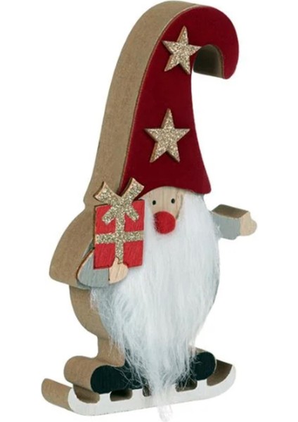 Kırmızı Ahşap Kürklü Gnome Noel Baba Biblo, 14 Cm, Şık Yılbaşı Dekorasyonu