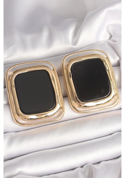 Pirinç Gold Renk Siyah Mineli Kare Model Kadın Küpe - TJ-BKP10429