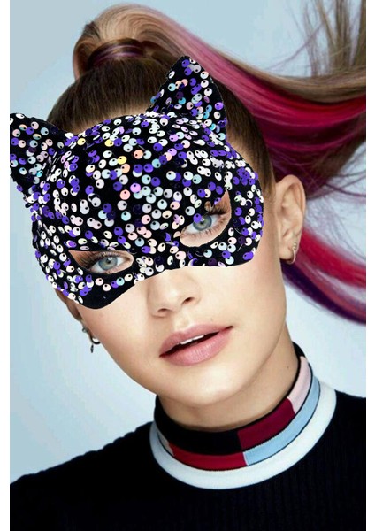 Siyah Kadife Kumaş Üzerine Mor Beyaz Payetli Pullu Parti Maskesi 16X14 cm (4887) fiyatları