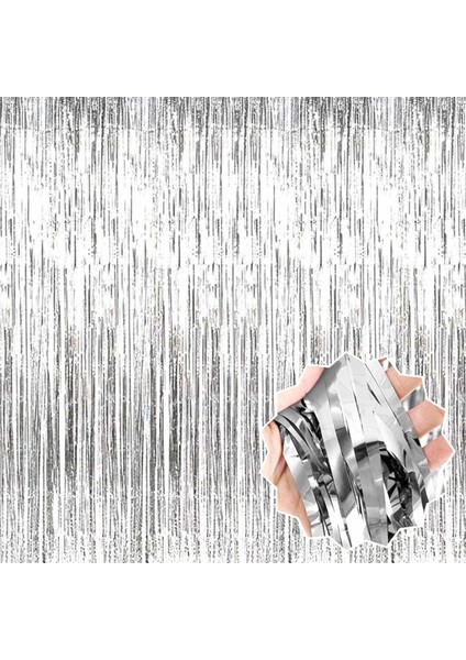 Gümüş Renk Ekstra Metalize Parlak Saçaklı Arka Fon Perde Ithal A Kalite 1x2 Metre (4887) modelleri
