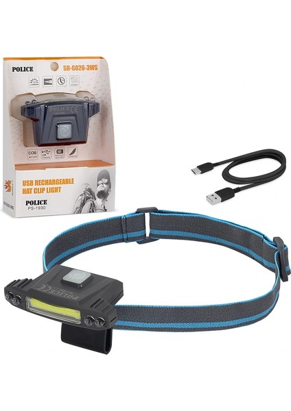 Police PS-1930 USB Şarjlı Cob LED Şapka Feneri