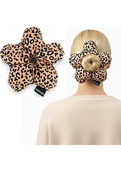 Marka El Yapımı Leopar Çiçek Pofuduk Scrunchie Toka