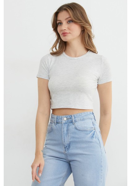 Basic Bisiklet Yaka Crop Tişört