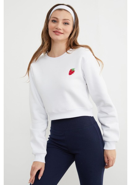 3 Iplik Çilek Nakışlı Crop Sweatshirt