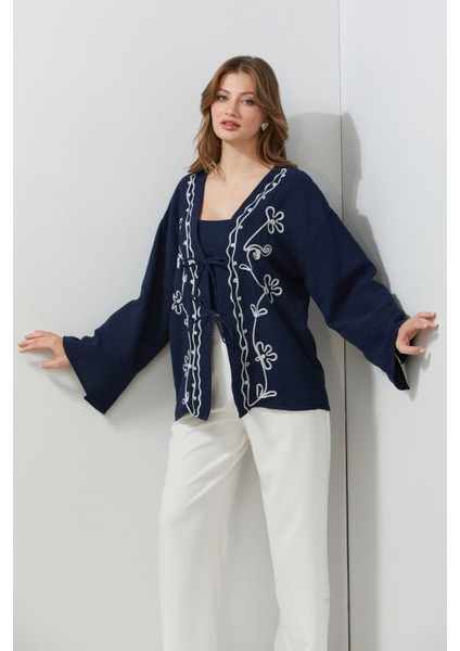 Nakışlı Önü Bağcıklı Keten Görünümlü Kimono modelleri
