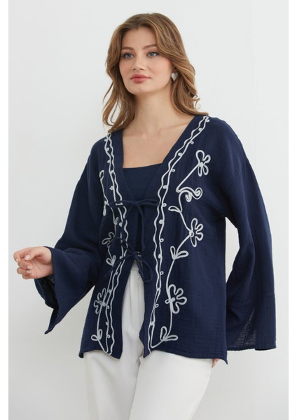 Nakışlı Önü Bağcıklı Keten Görünümlü Kimono