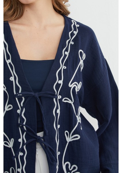 Nakışlı Önü Bağcıklı Keten Görünümlü Kimono