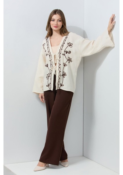 Nakışlı Önü Bağcıklı Keten Görünümlü Kimono modelleri