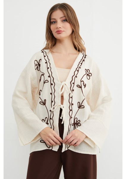 Nakışlı Önü Bağcıklı Keten Görünümlü Kimono indirimleri