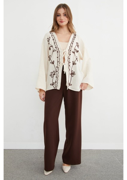 Nakışlı Önü Bağcıklı Keten Görünümlü Kimono