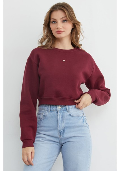 3 Iplik Kalp Aksesuarlı Crop Sweatshirt