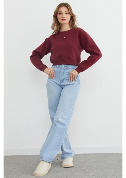 3 Iplik Kalp Aksesuarlı Crop Sweatshirt indirimleri