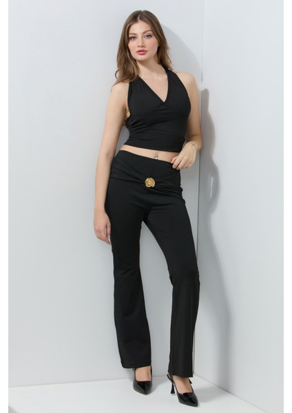 Kemer Aksesuarlı Dalgıç Kumaş Flare Pantolon modelleri