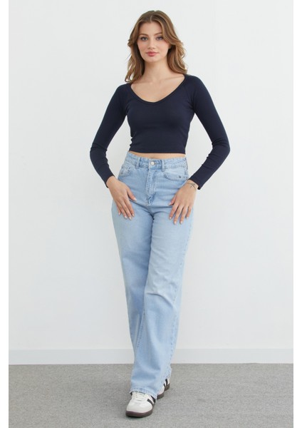 V Yaka Uzun Kol Crop Bluz fiyatları