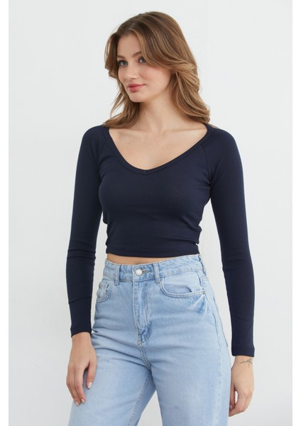 V Yaka Uzun Kol Crop Bluz modelleri