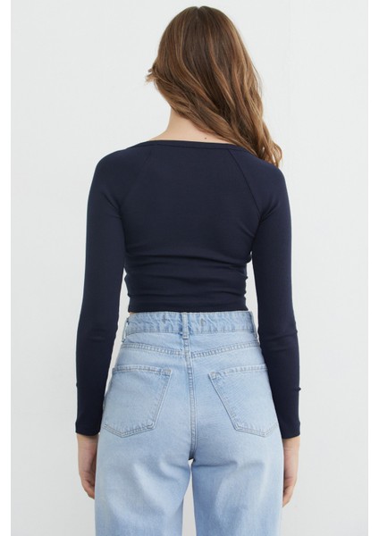 V Yaka Uzun Kol Crop Bluz fırsatları