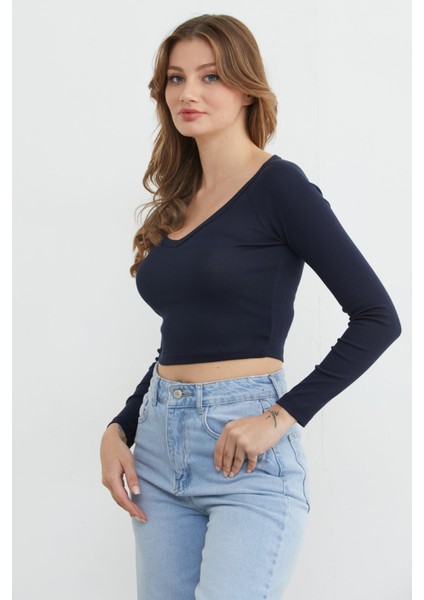 V Yaka Uzun Kol Crop Bluz indirimleri