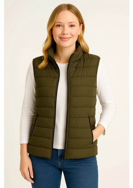 Şişme Fermuarlı Yelek Su Itici Kapitone Astarlı Kumaş Cepli Hafif Kışlık Spor Rahat Kalıp - Haki fiyatları