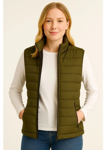 Şişme Fermuarlı Yelek Su Itici Kapitone Astarlı Kumaş Cepli Hafif Kışlık Spor Rahat Kalıp - Haki modelleri