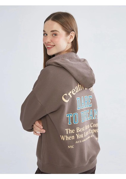 Baskılı Oversize Kadın Kalın Hoodie (W5)