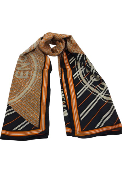 Vual Ipek Şal Yazılı Desen Siyah Turuncu