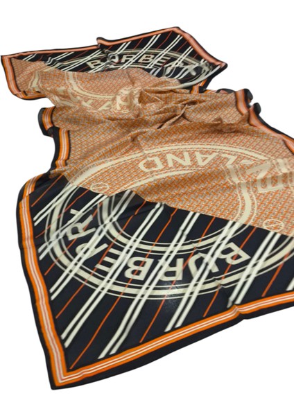 Vual Ipek Şal Yazılı Desen Siyah Turuncu