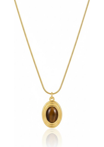 Çelik Kaplan Gözü Oval Kolye | Yılan Zincirli Kararmaz Takı