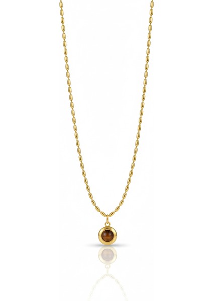 Çelik Kahve Taşlı Minimal Kolye | Zincir Detaylı Kararmaz Takı