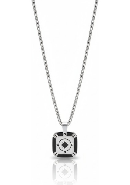 Çelik Kare Pusula Kolye | Erkek Box Zincirli Kararmaz Takı