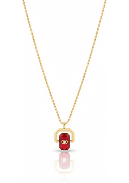 Çelik Kırmızı Kolye Baget Taşlı Kararmaz Takı