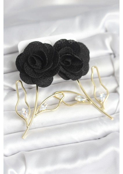 Bfs Pirinç Gold Renk Siyah Gül Model Kadın Küpe