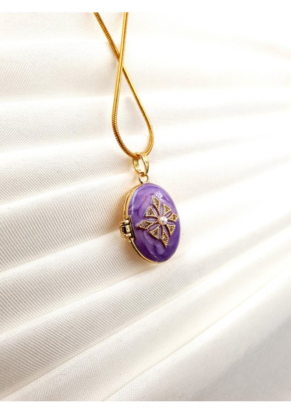 Mine Detaylı Kapaklı Madalyon Kolye – Altın Renk Yılan Zincir