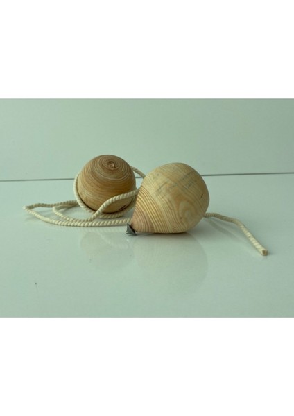 20 Adet Ahşap Topaç, Boyasız, Geleneksel, Nostaljik, 2 Metre Ipiyle, Kahverengi