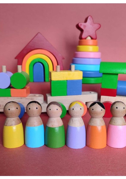 6'lı Renkli Peg Bebek Ahşap Oyuncak Seti, Eğlenceli ve Güvenli Çocuk Oyuncakları
