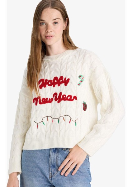 Yılbaşı Temalı Regular Fit Bisiklet Yaka Kazak F8249AX25CW