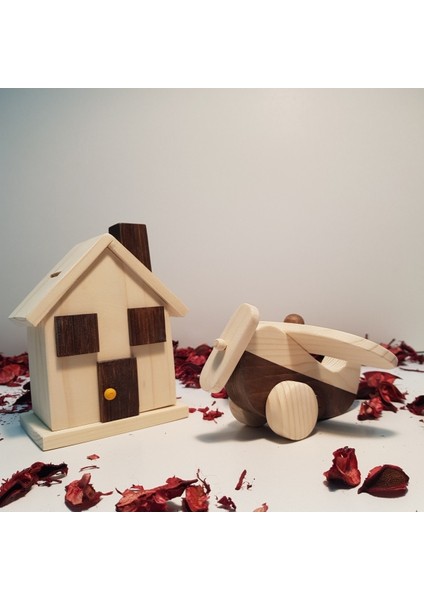 Ahşap Bebek Uçak ve Kumbara Seti, Dekoratif ve Eğitici Çocuk Oyunu