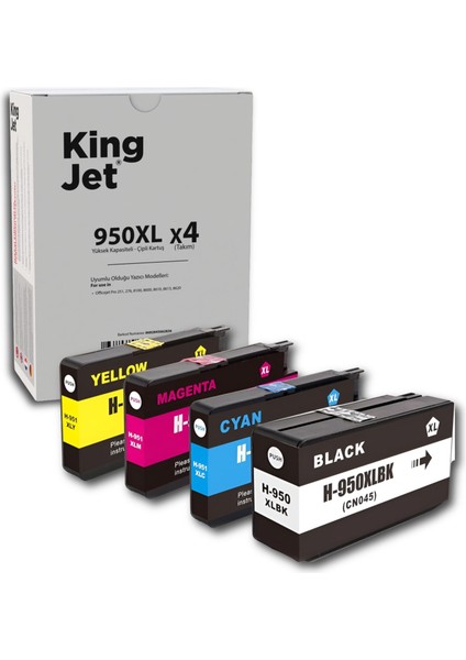 Hp Officejet Pro 8625 Uyumlu Yüksek Kapasiteli 4 Renk (Takım) Çipli Muadil Kartuş | 950XL