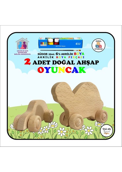 Doğal Ahşap Araba ve Kaplumbağa Oyuncak, Akrilik Boya Seti, Kahverengi, Sağlıklı ve Eğlenceli