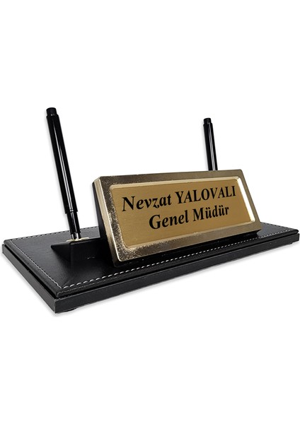 PR2655 Altın Renk Detaylı Siyah Deri Masa Üstü Isimlik Masa Isimliği