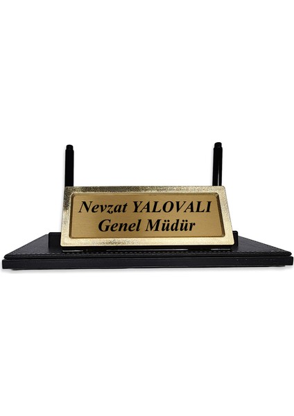 PR2655 Altın Renk Detaylı Siyah Deri Masa Üstü Isimlik Masa Isimliği