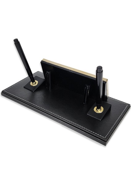PR2655 Altın Renk Detaylı Siyah Deri Masa Üstü Isimlik Masa Isimliği