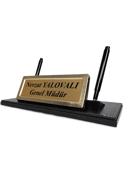 PR2655 Altın Renk Detaylı Siyah Deri Masa Üstü Isimlik Masa Isimliği