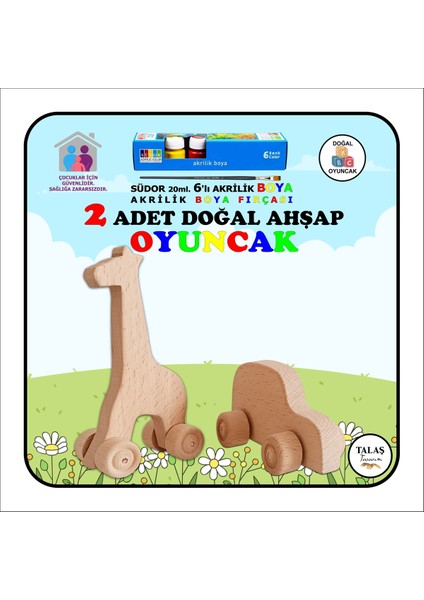 Doğal Ahşap Araba ve Zürafa Oyuncağı, Akrilik Boya Seti, Kahverengi