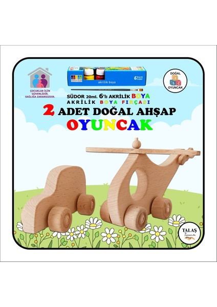 Doğal Ahşap Helikopter, Ahşap Araba ve Akrilik Boya Seti, Kahverengi Renkli Oyuncaklar