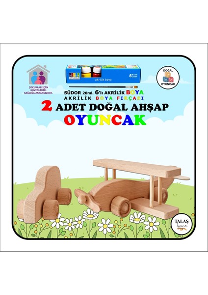 Doğal Ahşap Uçak, Araba ve Akrilik Boya Seti, Çocuklar Için Renkli ve Güvenli Oyunlar