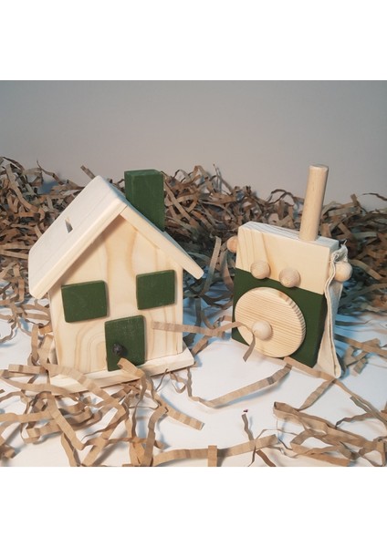 Yeşil Ahşap Elyapımı Bebek Telsizi ve Kumbara Oyuncak Seti