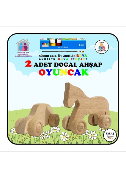 Doğal Ahşap At Arabası ve Akrilik Boya Seti, Kahverengi