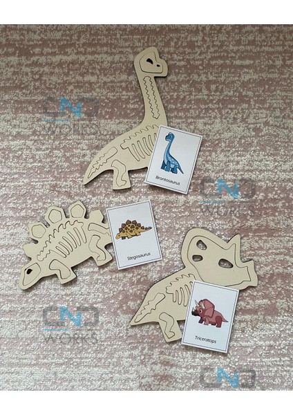 Ahşap Dinozor Seti, Montessori Puzzle, Lazer Kesim, Eğitici ve Keyifli Oyun