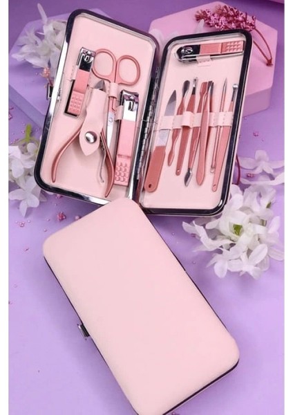 Profesyonel Çantalı Tırnak Bakım Manikür Seti Pembe Renk 12 Parça