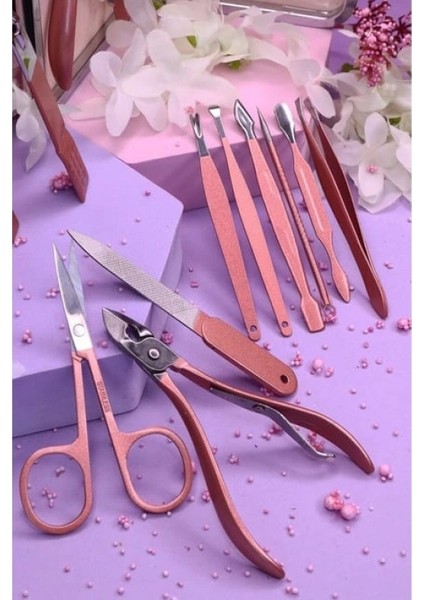 Profesyonel Çantalı Tırnak Bakım Manikür Seti Pembe Renk 12 Parça modelleri